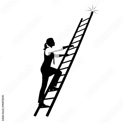 Businesswoman climbing high success ladder.