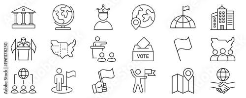 Country line editable icon set. Contain icons related to nation, government, territory, democracy, monarchy, and more. Editable stroke, Vector illustration