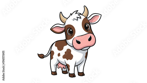 Cute baby cow with brown spots and big dark eyes stands calmly in a simple vector illustration against a white backdrop.