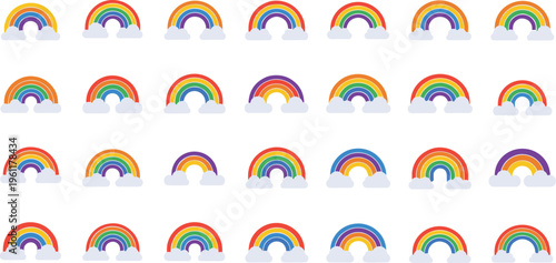 Colorful rainbow icons in different sizes and angles on white