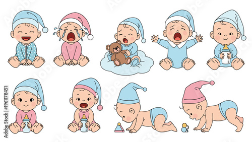 Adorable baby characters in different colored pajamas and hats in various cute poses like crawling, crying, and playing.