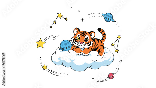 Cute tiger cub rests on a white cloud in space surrounded by yellow stars, constellations, and distant blue planets.