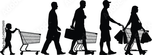 Black silhouette of people shopping, diverse group with shopping carts and bags walking in line, retail consumerism concept isolated on white background, vector