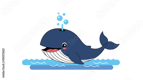 Cute little blue whale with big eyes and a pink cheek sprays water from its blowhole while swimming in the sea on a white background.
