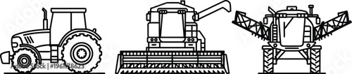Outline icons depicting essential heavy machinery for modern agriculture including a tractor a combine and a sprayer