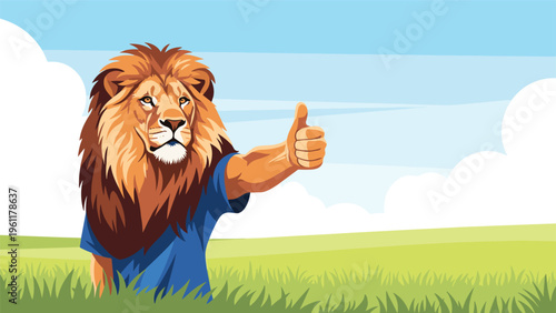 Lion character with human-like features wears a blue shirt and gives a positive thumbs up gesture in a bright sunny field landscape illustration.
