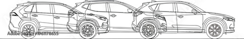 Black and white line drawing illustrating a rear end collision scenario between three compact sport utility vehicles side by side for comparison.
