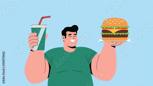 Happy man in a green shirt enjoys a delicious double cheeseburger and a refreshing soda with a straw against a light blue background illustration.