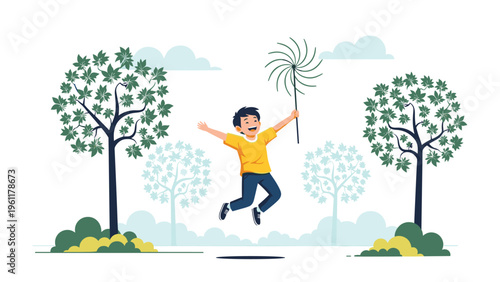 Excited young boy jumps high in the air while holding a colorful pinwheel during a fun day out at the park with trees and clouds in the background.