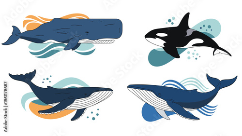 Collection of different whale species including a sperm whale orca and blue whales swimming through abstract blue and orange waves in the deep ocean.