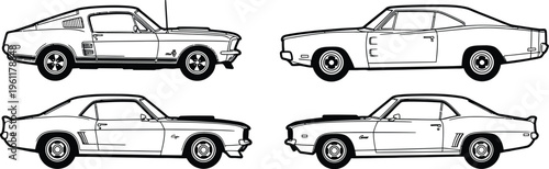 Collection of four classic American muscle car outlines including the Mustang Charger and Camaro in detailed side profile views
