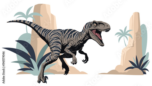 Ferocious velociraptor dinosaur with sharp claws and open jaws stands in a prehistoric landscape with palms and rocky cliffs in a detailed vector art.
