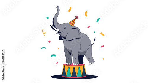 Happy circus elephant wearing a party hat stands on a colorful pedestal with confetti flying all around in a festive and joyful celebration scene.