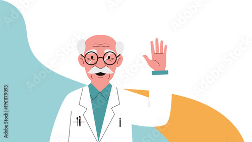 Friendly senior male doctor with white hair and glasses wearing a lab coat waves his hand in a welcoming gesture against an abstract backdrop.