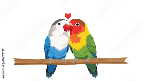 Pair of colorful lovebirds perch together on a wooden branch with a small red heart between them symbolizing love and partnership in a vector.
