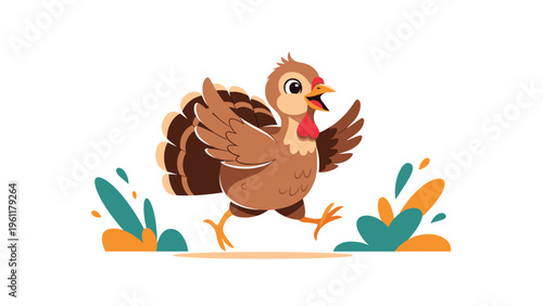 Cheerful brown turkey runs happily across the ground with its wings spread and tail feathers fanned out in a fun thanksgiving holiday illustration.