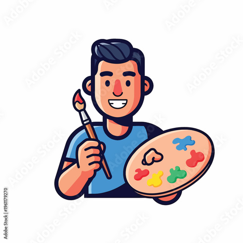 Cartoon man holding paint brush palette.