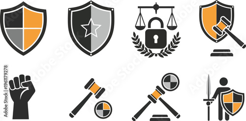 A collection of diverse legal and security icons features shields, scales of justice, gavels, and a raised fist representing authority and protection.
