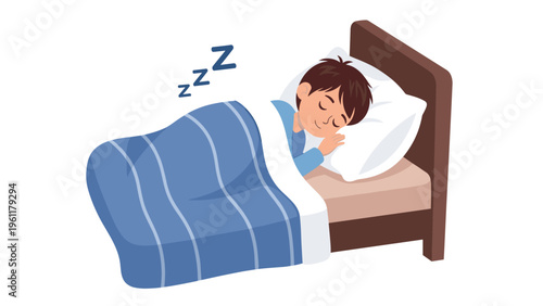 Young boy sleeps soundly in a cozy bed with a blue striped blanket and a white pillow with ZZZ symbols above his head for sweet dreams.
