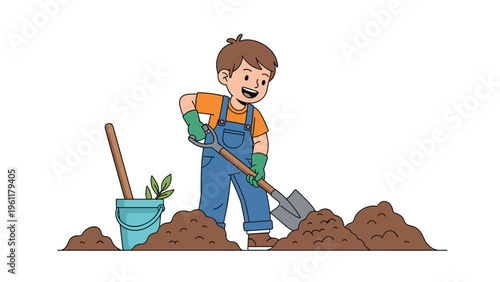 Enthusiastic young boy wearing overalls and gloves uses a shovel to dig in a pile of brown soil next to a bucket for gardening fun.