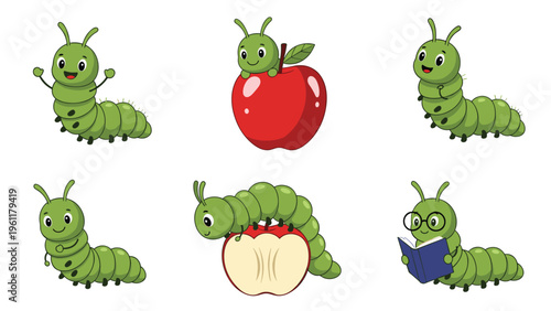 Collection of six cute green caterpillar characters showing various activities such as eating an apple reading a book and wearing glasses.