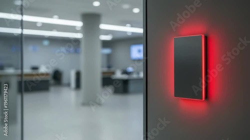 Closeup of alarm panel glowing red on wall near entrance with outoffocus bank interior providing a sense of secure afterhours monitoring.