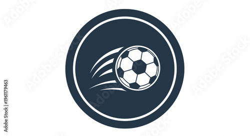Soccer ball in motion inside a dark circle emblem.