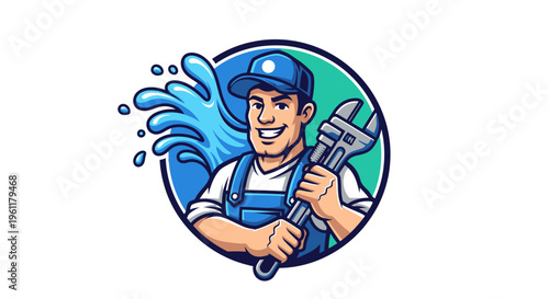 Smiling Plumber with Wrench and Water Splash Logo.