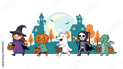 Group of children in various Halloween costumes including a witch pumpkin skeleton and dragon walk together on a spooky moonlit night.