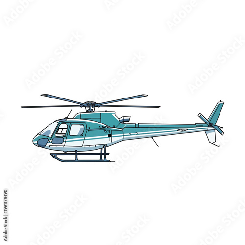 Turquoise helicopter with rotor blades.