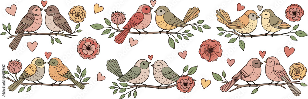 Fototapeta premium Cartoon Love Birds Set with Heart Shapes, Flowers, and Romantic Poses for Valentine's Day, Romance, and Nature Designs