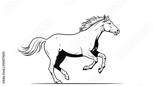 Detailed black and white line art illustration of a powerful horse galloping forward with its mane flowing in the wind.