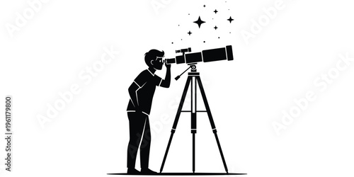 Person stargazing with telescope, night sky stars, astronomy exploration, scientific discovery, celestial observation, cosmic curiosity, flat vector illustration