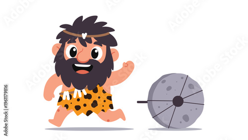 Energetic caveman with a long beard and leopard print clothing runs beside a primitive stone wheel in a fun vector style.
