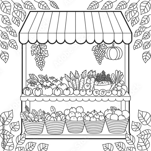 Cute Girly Farmer Market Outline Stand Sell Fruit, Veggies Produce Coloring Page Doodle Hand Drawn stock illustration