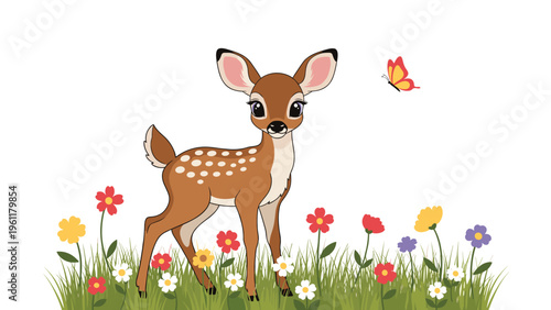 Sweet baby deer with white spots stands in a field of colorful wildflowers as a small orange butterfly flies nearby.