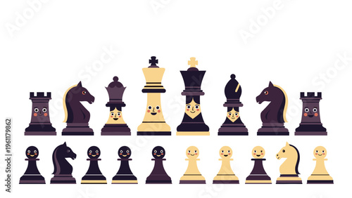 Large collection of cute cartoon chess pieces with friendly faces including kings, queens, knights, bishops, and pawns.