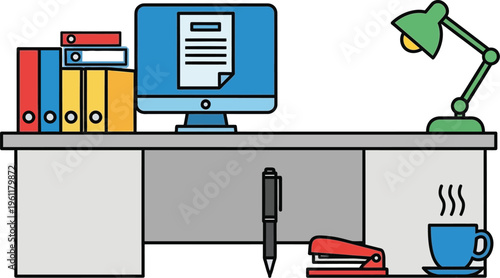 A brightly colored illustration depicts a functional modern office desk setup with a computer, lamp, and organized supplies ready for work.