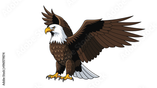 Powerful bald eagle with dark brown feathers and a white head stands with its large wings spread out in a proud pose.