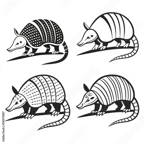 A quartet of armadillos standing side by side in a uniform line formation