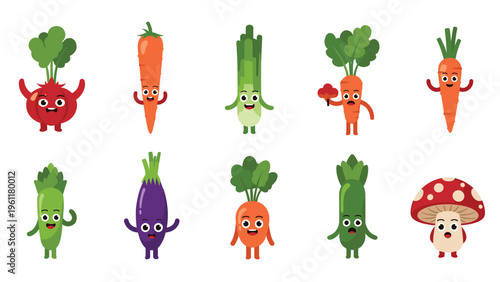 Collection of anthropomorphic vegetable characters with cute faces including carrots, zucchini, eggplant, and a mushroom.