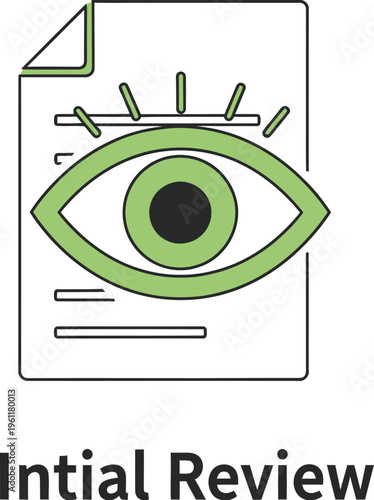 Document review icon featuring a large green eye overlaid on a paper suggesting scrutiny and inspection of terms or data.