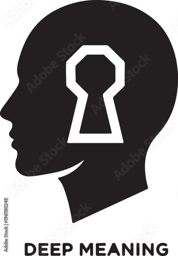 A black silhouette of a human head with a white keyhole inside, representing deep meaning, inner thoughts, or the unlocking of understanding.