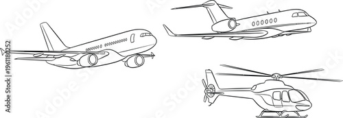 Collection of outline drawings featuring commercial airliner private jet and modern helicopter ready for aviation coloring or design projects
