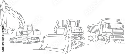 This collection of heavy construction vehicles in outline drawing features an excavator, a powerful bulldozer, and a robust dump truck, perfect for engineering and building related projects.