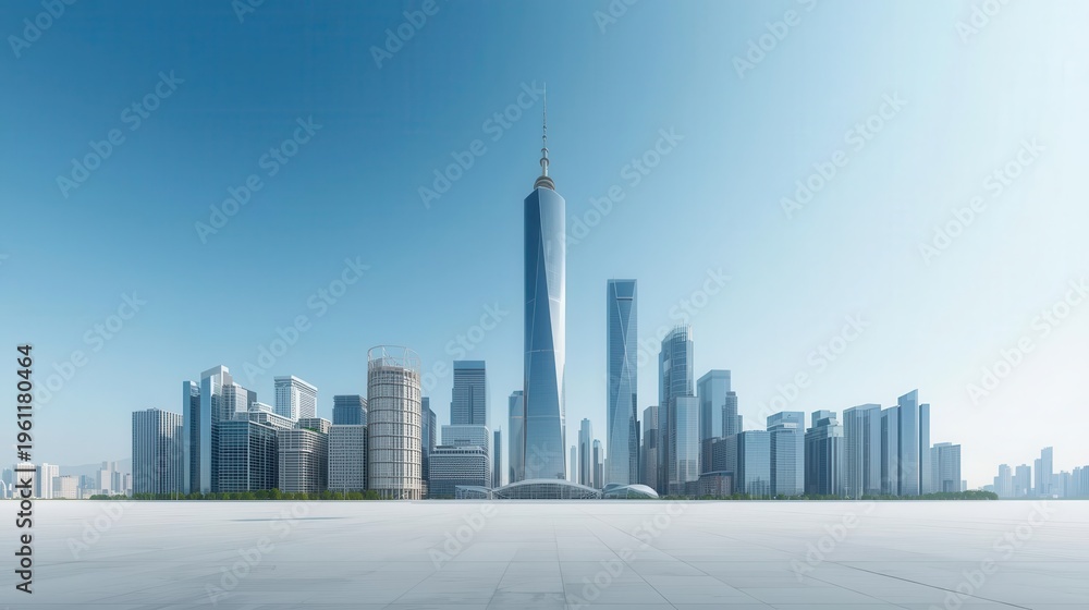 Naklejka premium Modern futuristic skyline of Dubai with Burj Khalifa under clear blue sky, minimalist cityscape architecture