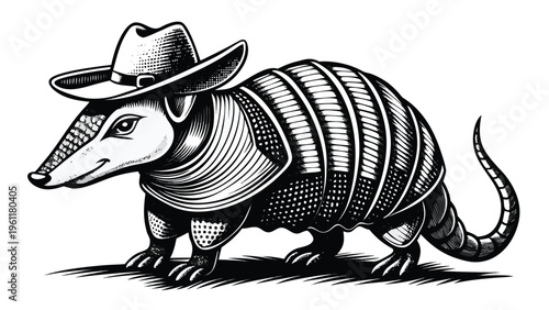 A whimsical illustration of an armadillo donning a cowboy hat and walking on all fours