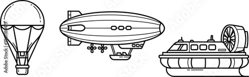 Minimalist line art icons depicting various transportation vehicles including a classic hot air balloon, a sleek zeppelin, and a modern hovercraft designed for travel.
