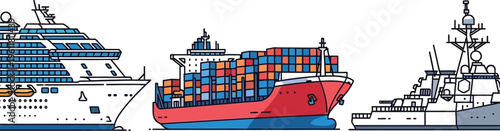 Simple line art illustration showcasing three distinct types of large vessels representing maritime transport, tourism, and naval defense operations