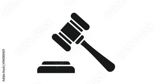 A single black and white illustration depicts a textured judge's wooden gavel resting upon its sounding block, symbolizing auction or judicial ruling.